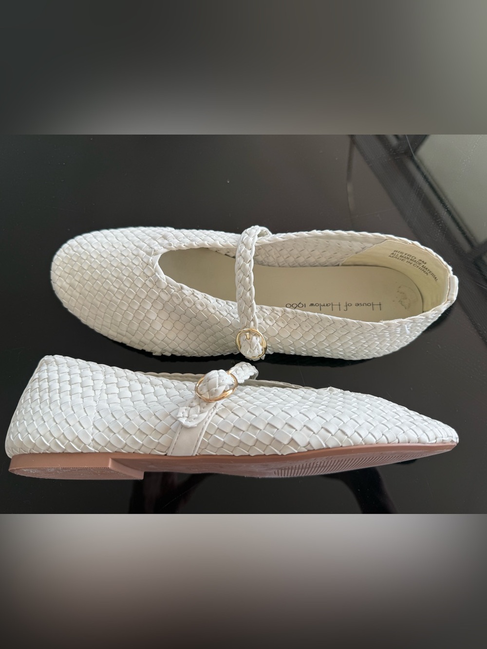 House of Harlow 8M Woven White Mary Jane Flats with Gold Buckle